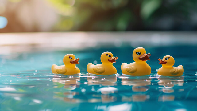 Rubber ducks in the pool close up