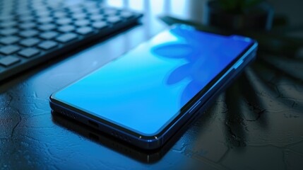 Modern mobile phone with blue screen and keyboard as background