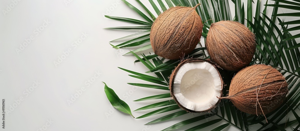 Wall mural Fresh Coconuts and Palm Leaves on a White Background - Tropical Fruit and Natural Elements Composition