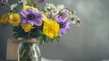 Minimalistic Floral Card Layout with Purple Anemone and Yellow Ranunculus in Glass Vase