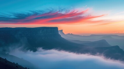 Obraz premium Misty mountain sunset with orange and blue sky