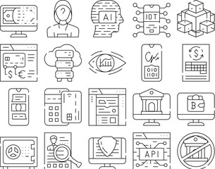 Financial Technology And Software Icons Set Vector. Api And Iot Finance Technology, Online Bank And Payment With Credit Card Pos Terminal, Money And Crypto Digital Currency Black Contour Illustrations