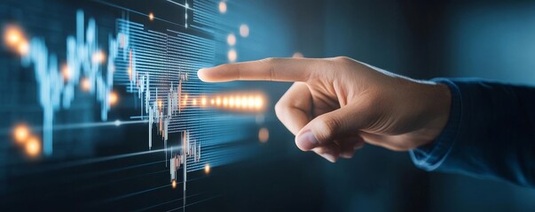 Fototapeta premium Business analyst pointing at a digital screen with bullish valuation charts, representing rising financial market values