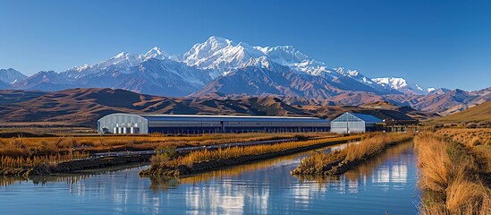 Stunning Modern Greenhouses with Snow-Capped Mountain Range in the Background Reflecting in a Tranquil River