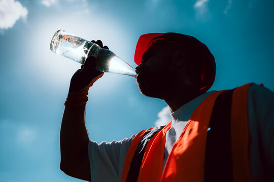 Bauarbeiter trinkt Wasser bei hei&szlig;em sonnigen Wetter