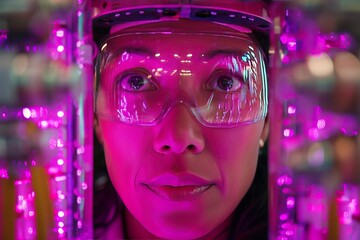 Woman Wearing Safety Glasses Looking Through Pink Lighting