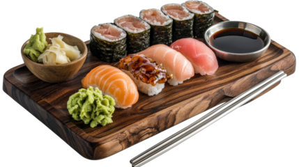 Wasabi And Sushi Set On Dark Wood Plate