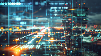 Fototapeta premium Airport Runway with Control Tower and Vibrant Light Trails