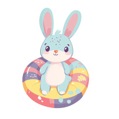 Fototapeta premium Cute cartoon bunny rabbit sitting in a colorful inflatable ring.