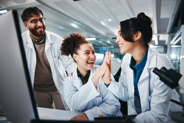 Computer, scientist and women with success, medical research and celebration for results of test...