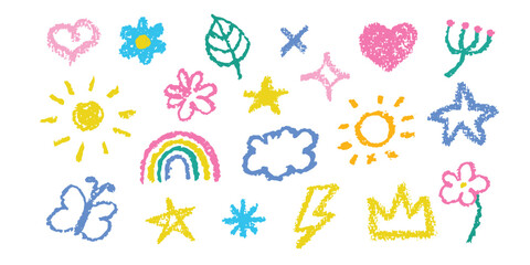 Set of 20 cute childish doodles and scribbles, hand drawn kids drawings with crayons. Isolated on white vector illustrations 