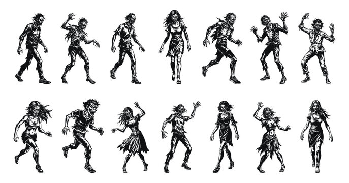 Zombie collection with different characters in various poses vector cartoon illustration. Black and white undead figures walking and reaching out.