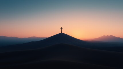 Sunrise Over Mountain Landscape with Cross Symbolizing Faith, Hope, and Spiritual Journey on the Path to Enlightenment