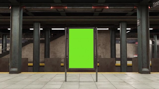 Empty billboard with a green screen for advertising on a subway station. 4k 3D animation 