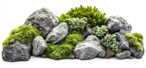 Isolated mossy forest rock scenery with a transparent background