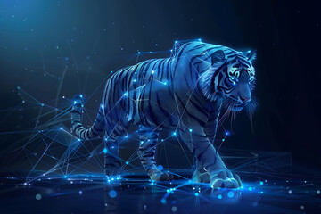 Tiger made of glowing dots on an abstract background. 3D