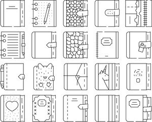 Diary Paper Stationery Accessory Icons Set Vector. Diary With Pen And Crocodile Skin Cover For Writing And Drawing, With Fingerprint Scanner And Password Lock Black Contour Illustrations