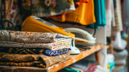 A cozy scene with a yellow iron and colorful clothes neatly displayed on a wooden shelf. Creates a warm, domestic ambiance.