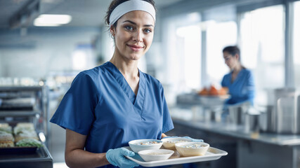 Smiling young Caucasian nurse holding a tray with porridge bowls in a hospital setting.