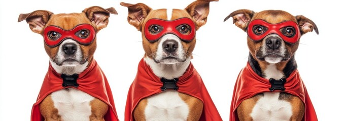Fototapeta premium 3 dogs wearing superhero costumes with masks and red caps, isolated on white