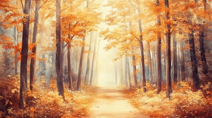 Colourful autumn leaves on a watercolor path in a forest