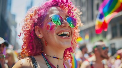 A young woman with pink hair, heart sunglasses, and face paint smiles at a festive event, likely a Pride month parade with rainbow decor.