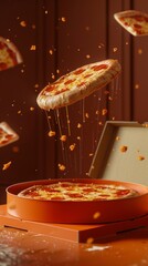 Dynamic image: floating pizza slices above a box, melted cheese visible. Warm orange background, no text present.
