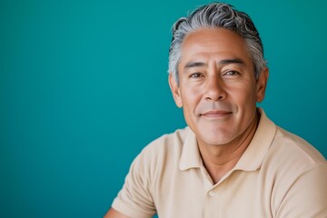 Obraz premium mature Hispanic man with salt and pepper hair, seated and relaxed, wearing a beige polo shirt, dark blue background