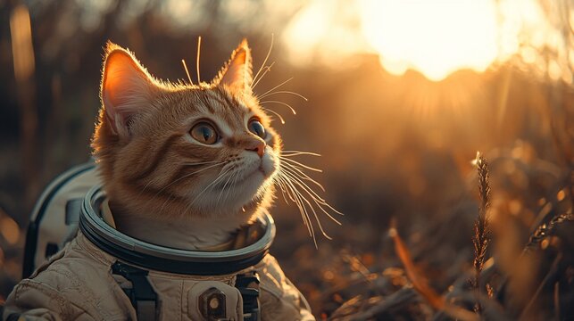 A cinematic shot of a cat dressed in a space suit, floating in outer space with lens flare effects, merging the realms of cuteness and science fiction