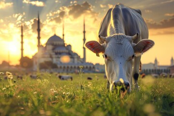 Obraz premium cows with a beautiful mosque background, sky and green grass. High quality, 32K, Super Resolution, with generative ai
