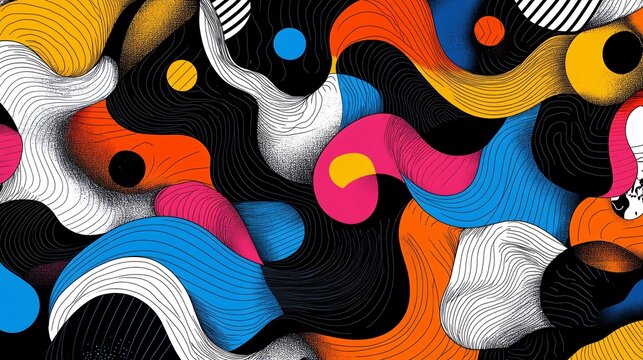 A dynamic and colorful abstract design featuring swirling patterns in bright hues, creating an energetic and visually stimulating artwork