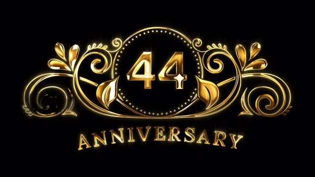 44th Anniversary Celebration. Happy 44 Years Anniversary Animation in Gold Color on the Transparent Background, Alpha Channel. Great for greetings, celebrations, events, and gifts.