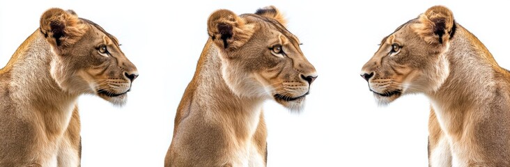 Obraz premium An animal bundle with three lionesses (portrait, lying, standing), isolated on a white background as a transparent PNG