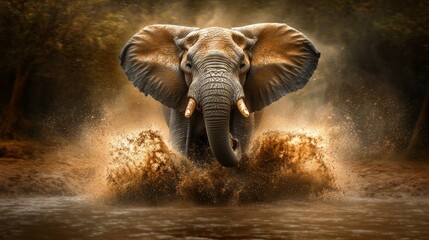 African elephants running through the water of a river during a safari