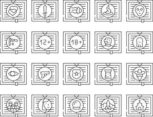 Literary Genre Categories Classes Icons Set Vector. Fantasy And Science Fiction, Action Adventure And Paranormal, Crime And Magic Literary Genre Black Contour Illustrations