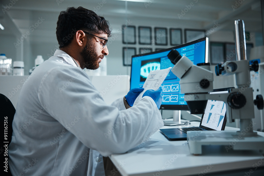 Poster Computer screen, reading science with man in laboratory for development, innovation or research. Documents, pharmaceuticals and study with scientist at work on medical breakthrough or discovery