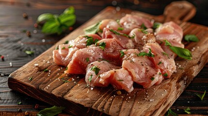 Raw chicken meat with seasonings on a wood plank