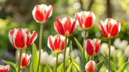 Red and white tulips bathed in sunlight