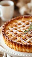 A closeup of a Norwegian almond cake, Fyrstekake, with its distinctive lattice crust, served on a white plate with a cup of coffee and a sprig of fresh thyme