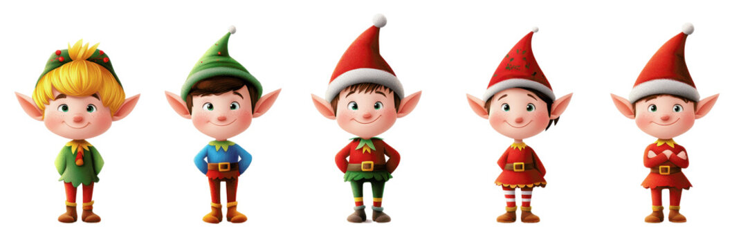 A group of five cheerful Christmas elves in festive outfits, standing in a row. Perfect for holiday-themed designs and projects.