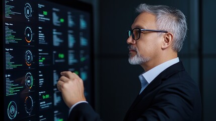 Professional analyzing data on a digital screen in a high-tech environment, showcasing innovation and modern technology solutions.