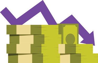 Purple arrow is pointing down over a pile of money that is decreasing