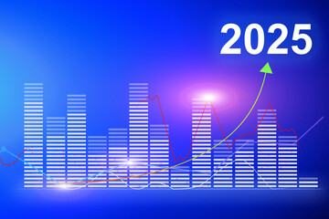 A blue background with a graph showing a line going up, 2025 concept