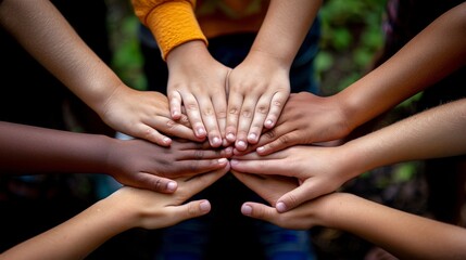 People of various ethnicities holding hands in a circle outdoors 