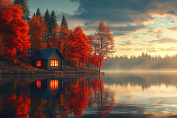 Fototapeta premium Cozy Lakeside Cabin Amid Vibrant Autumn Foliage