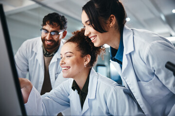 Science, group and computer with teamwork, research and online reading with medical cure. Employees, researchers and pc with internet, email and approval for lab funding, collaboration with expert