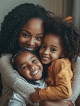 A moment of affection between a woman and her two young daughters