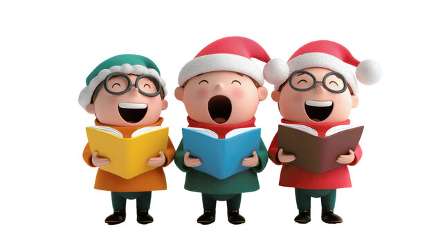 Cute Christmas carolers singing joyfully with songbooks, wearing festive outfits and Santa hats, depicting holiday spirit and cheer.