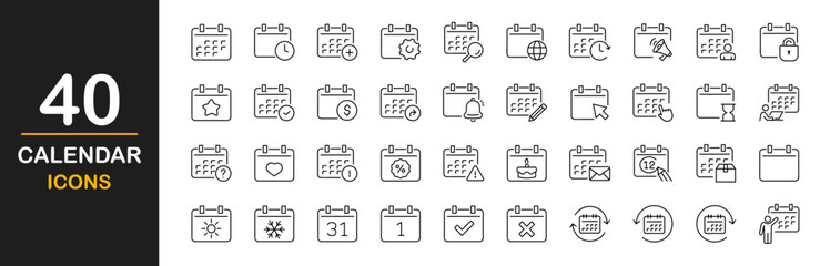 Calendar thin line icons set. Reminder organizer event signs. Calendar notification icons. Containing date, schedule, appointment, agenda, organization, event, and more. Vector illustration