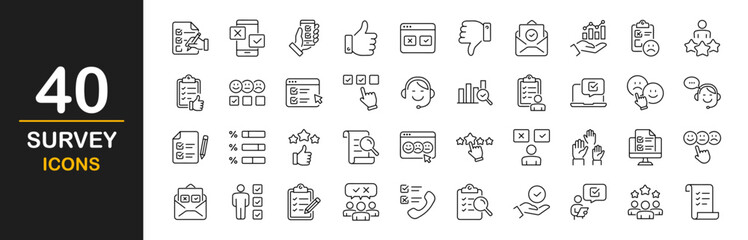 Survey icon set. Containing feedback, opinion, questionnaire, poll, research, data collection, review, satisfaction, answers, task, survey, list, clipboard, unhappy, checklist, and more